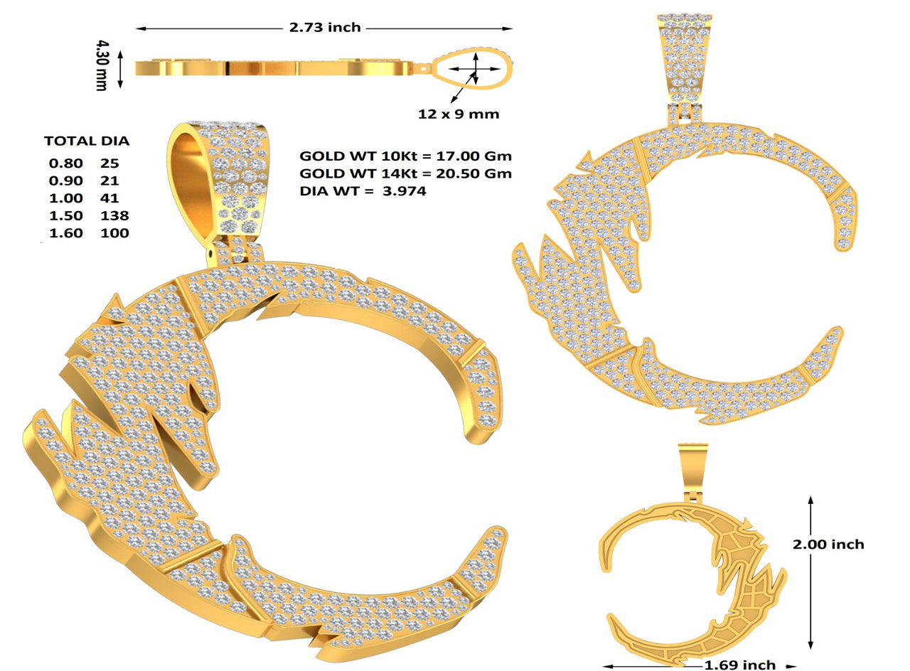 14k Yellow Gold “Broken Glass” design custom “C” initial 4 carats VVS diamonds