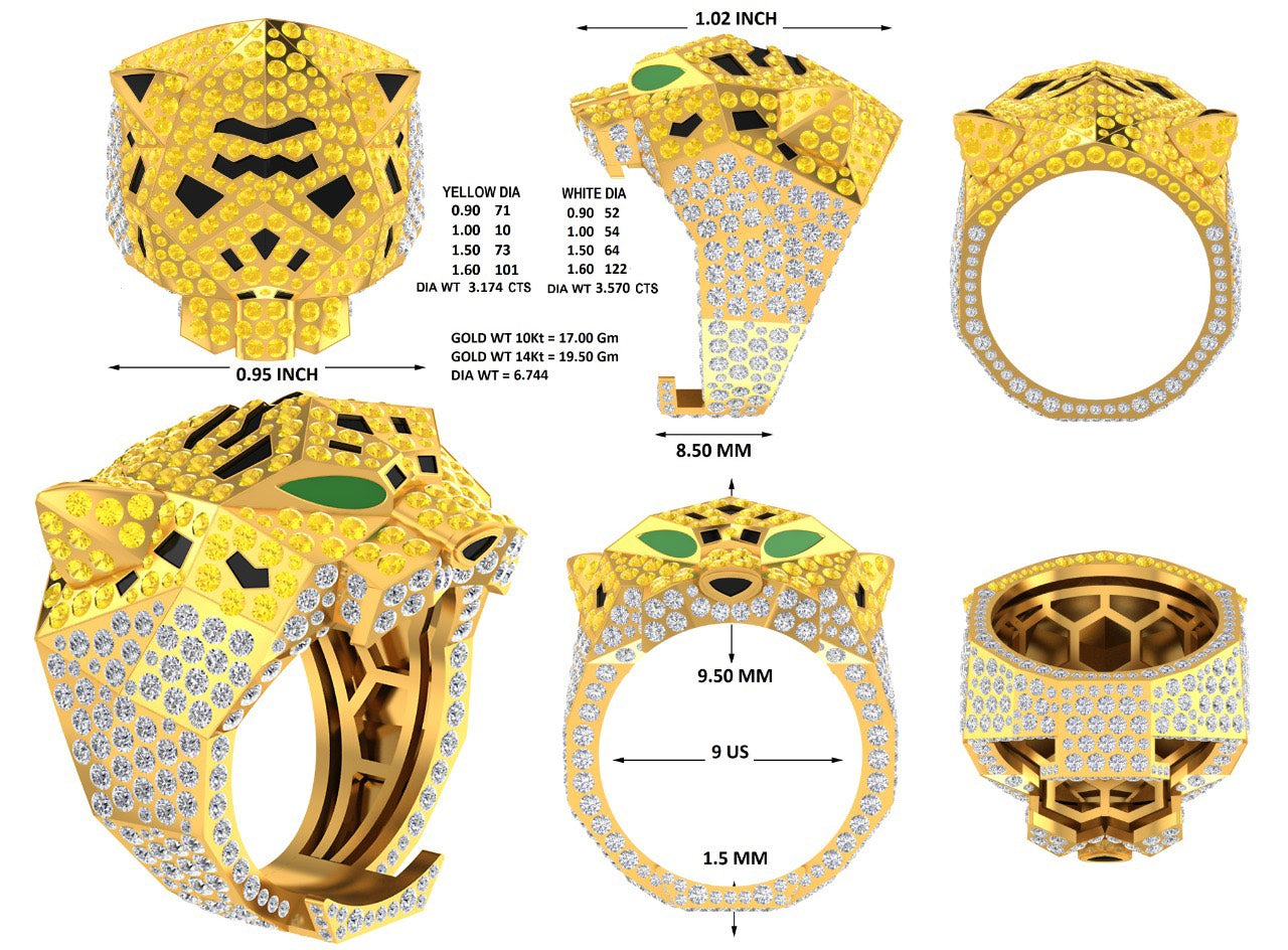 14k yellow gold 7 carat Canary Diamond & White Diamond Custom Panther Ring