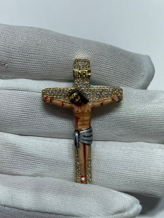 14k Yellow gold 2 Carat Diamond Enamel Crucifix 2 inches